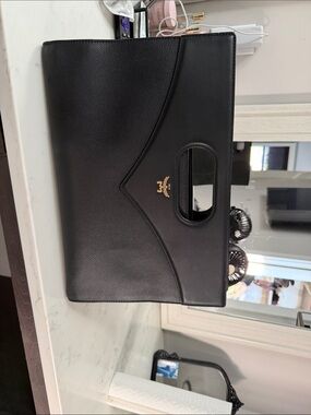 MCM Black Leather Handheld Tote with Gold Logo